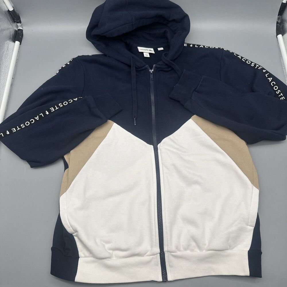 Lacoste Sleeve Taping Colorblock Hoodie Full Zip Navy Tan Mens Medium SH6905 4